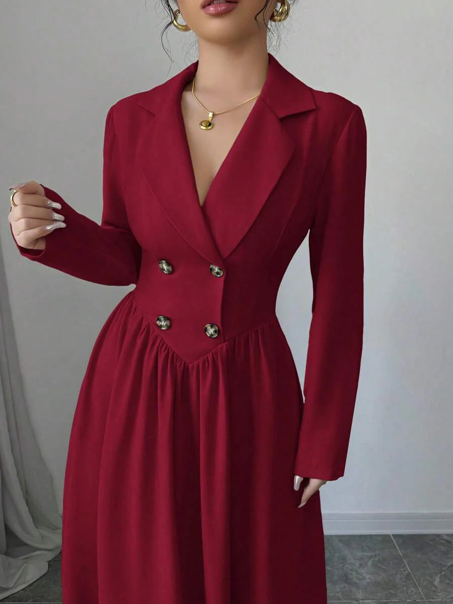 Elenzga Women's Elegant Burgundy Red Maxi Dress: Double-Breasted, Long Sleeve, A-Line