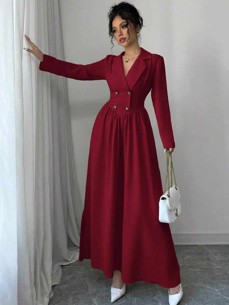 Elenzga Women's Elegant Burgundy Red Maxi Dress: Double-Breasted, Long Sleeve, A-Line