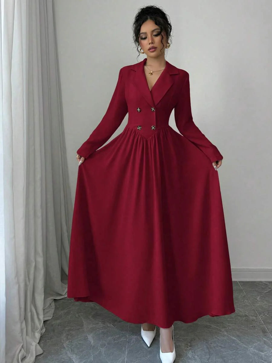 Elenzga Women's Elegant Burgundy Red Maxi Dress: Double-Breasted, Long Sleeve, A-Line