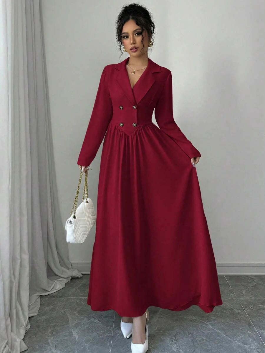 Elenzga Women's Elegant Burgundy Red Maxi Dress: Double-Breasted, Long Sleeve, A-Line