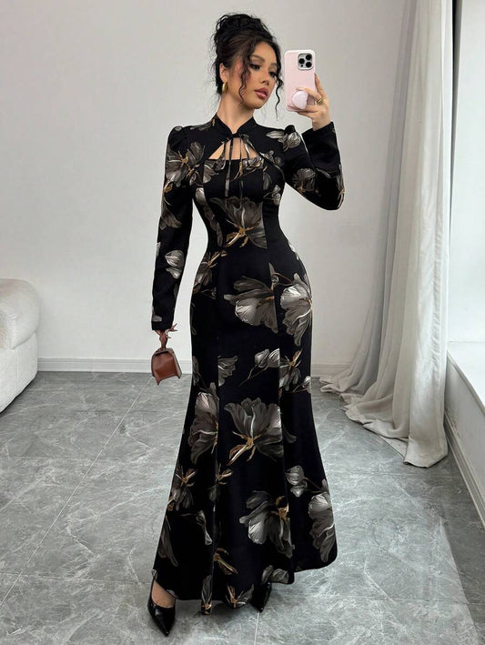 Modelyn Women's Floral Print Tie Neck Long Sleeve Fitted Flared Hem Midi Dress, Elegant For Autumn & Winter For New Year Clothes Maxi Women Outfit