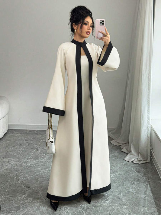 Elenzga Women's Solid Color Contrast Collar Long Sleeve Slim Fit Dress