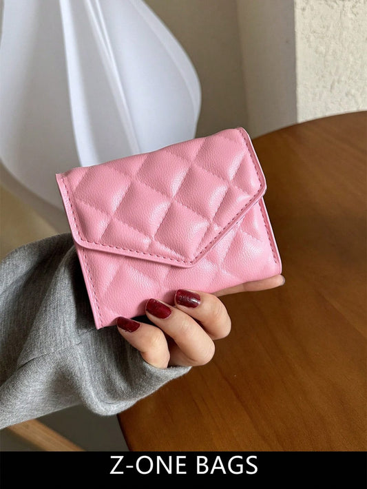 1pc Quilted Diamond PU Leather Bifold Compact Wallet, Fashionable For Ladies Daily Use And Gift