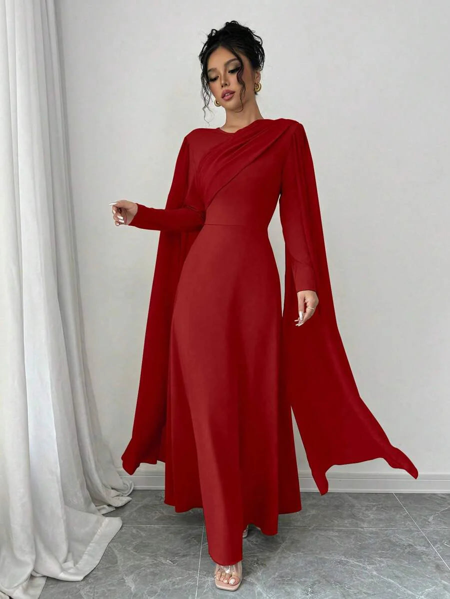 Elenzga Women's Elegant Charming Party Lady Mesh Shawl Collar Cinched Waist Solid Color Maxi Dress With Long Sleeves