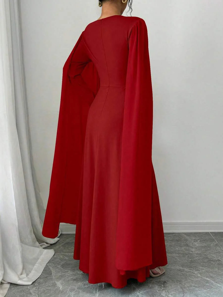 Elenzga Women's Elegant Charming Party Lady Mesh Shawl Collar Cinched Waist Solid Color Maxi Dress With Long Sleeves