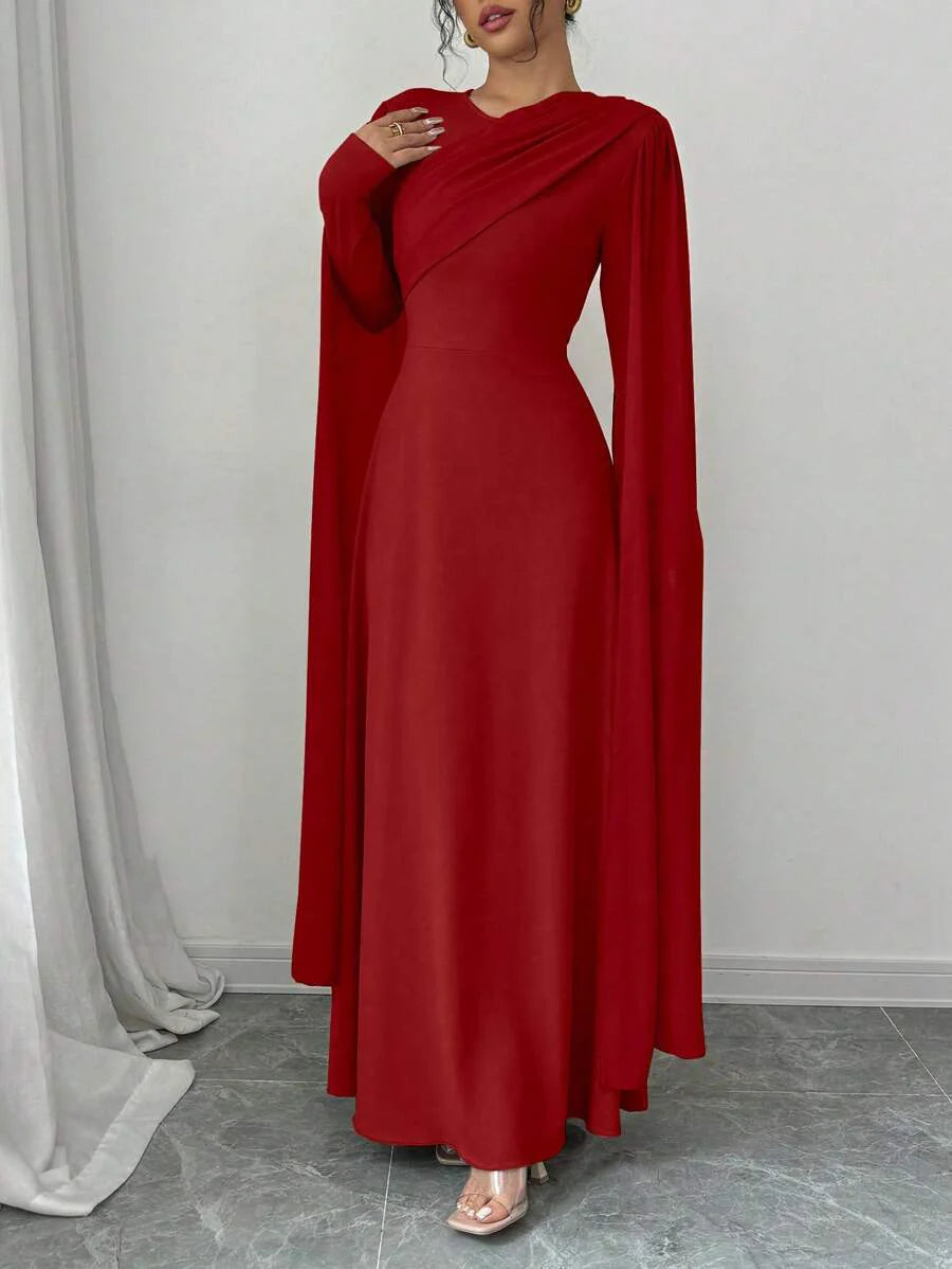 Elenzga Women's Elegant Charming Party Lady Mesh Shawl Collar Cinched Waist Solid Color Maxi Dress With Long Sleeves