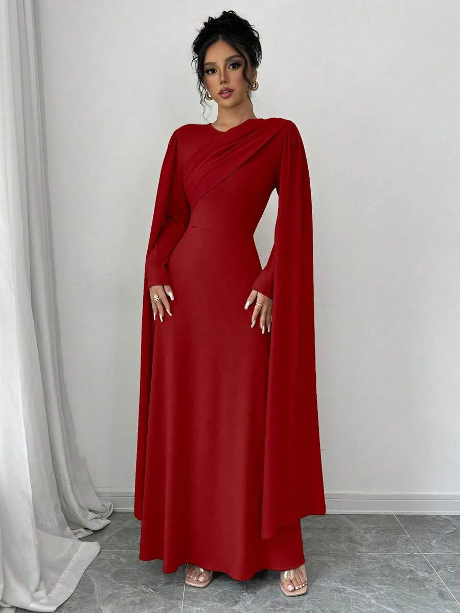 Elenzga Women's Elegant Charming Party Lady Mesh Shawl Collar Cinched Waist Solid Color Maxi Dress With Long Sleeves