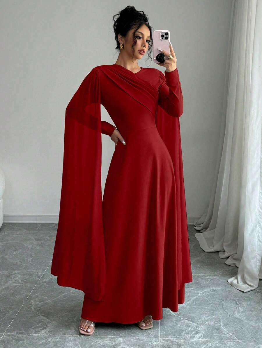 Elenzga Women's Elegant Charming Party Lady Mesh Shawl Collar Cinched Waist Solid Color Maxi Dress With Long Sleeves