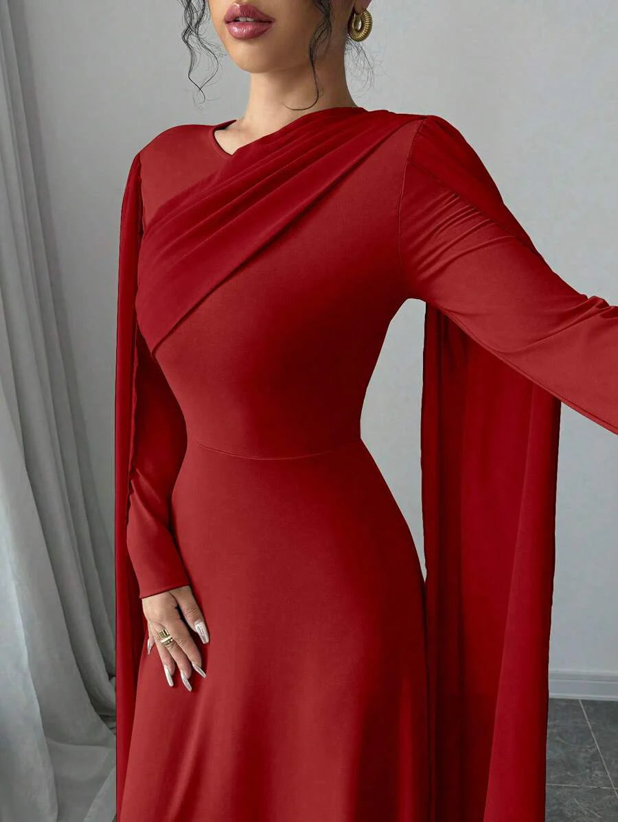 Elenzga Women's Elegant Charming Party Lady Mesh Shawl Collar Cinched Waist Solid Color Maxi Dress With Long Sleeves