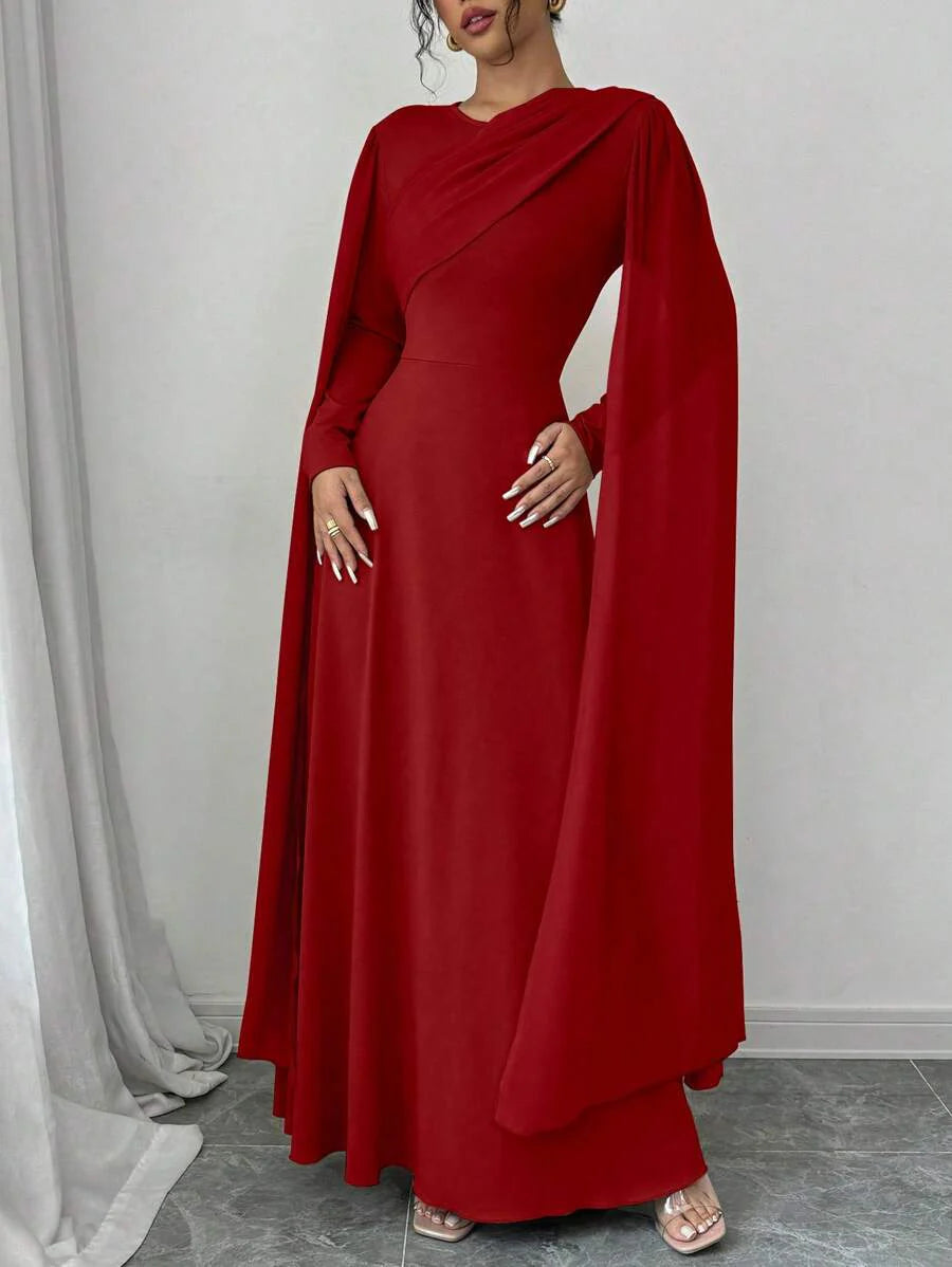 Elenzga Women's Elegant Charming Party Lady Mesh Shawl Collar Cinched Waist Solid Color Maxi Dress With Long Sleeves