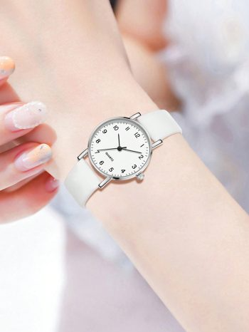 6Pcs Women White PU Leather Watch Strap Fashion And Casual Vintage Classic Digital Scale Dial Ladies Quartz Watch Butterfly Bracelet Necklace Earring Ring Jewelry Set Suitable For Daily Wear Clothing Matching Decoration Gift For Mother&apos;s Day