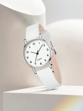 6Pcs Women White PU Leather Watch Strap Fashion And Casual Vintage Classic Digital Scale Dial Ladies Quartz Watch Butterfly Bracelet Necklace Earring Ring Jewelry Set Suitable For Daily Wear Clothing Matching Decoration Gift For Mother&apos;s Day