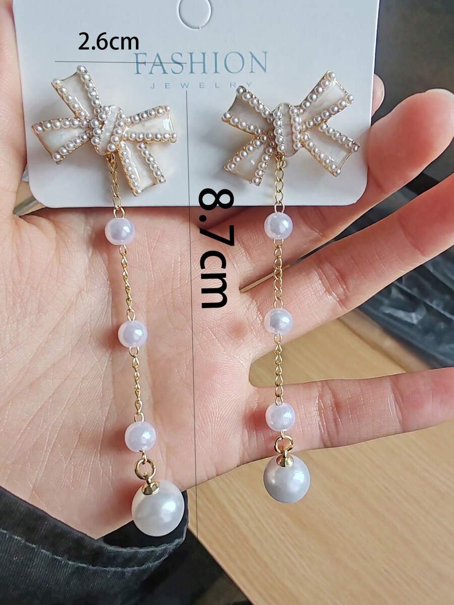 1 Pair Fashionable Bow Pearl Tassel Long Dangle Earrings, Sweet And Elegant For Women