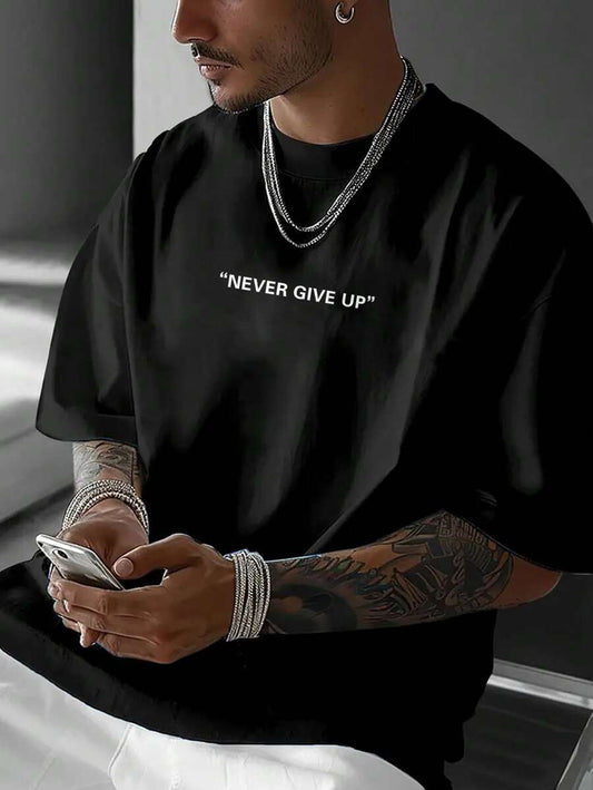 Men's Motto Print Round Neck Short Sleeve Casual Versatile T-Shirt