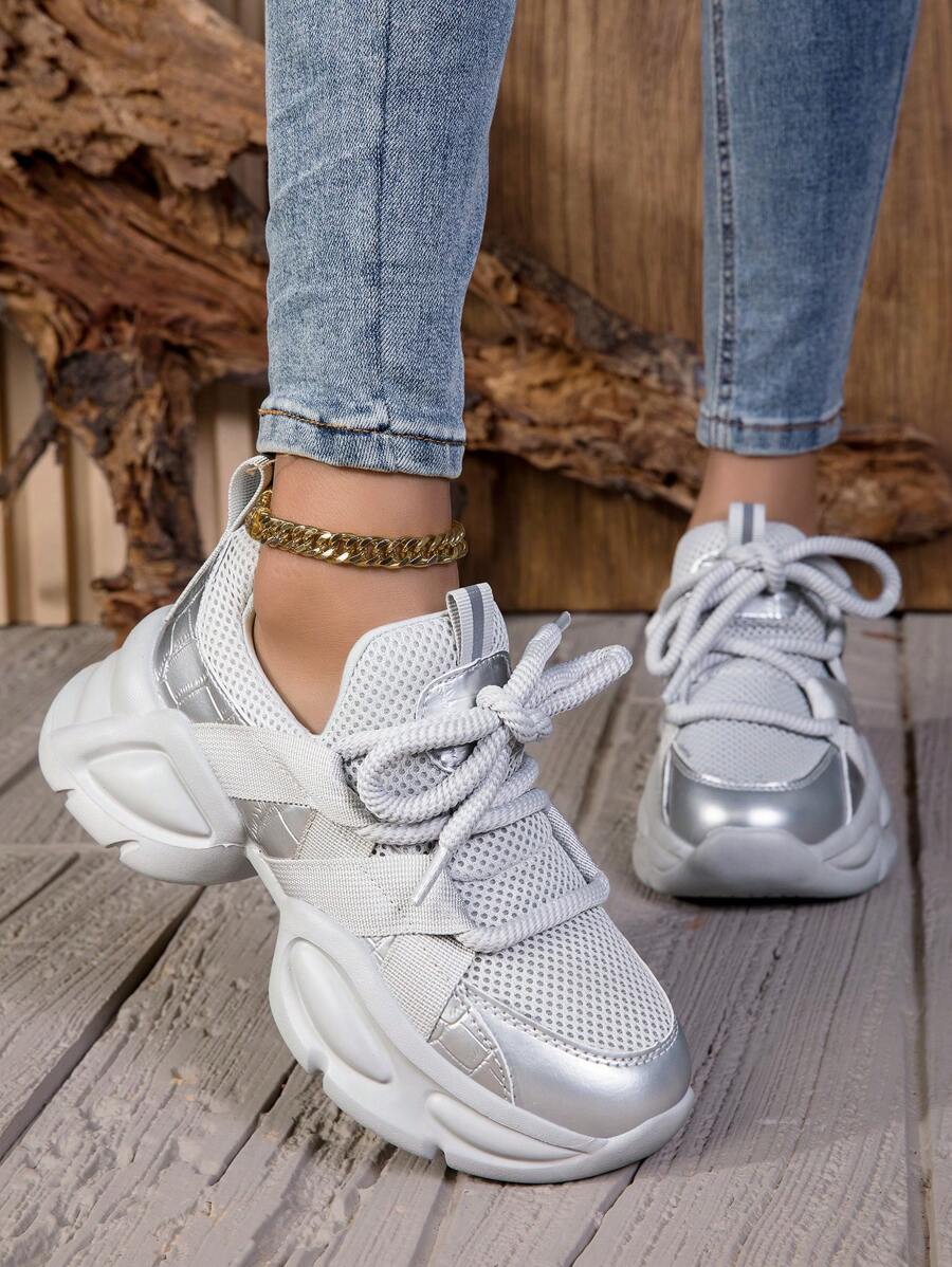 Women Solid Color Mesh Thick Sport Sneakers, Lace-Up Breathable Running Shoes, Thick Bottom Chunky Sneakers