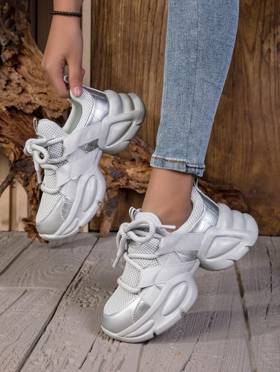 Women Solid Color Mesh Thick Sport Sneakers, Lace-Up Breathable Running Shoes, Thick Bottom Chunky Sneakers