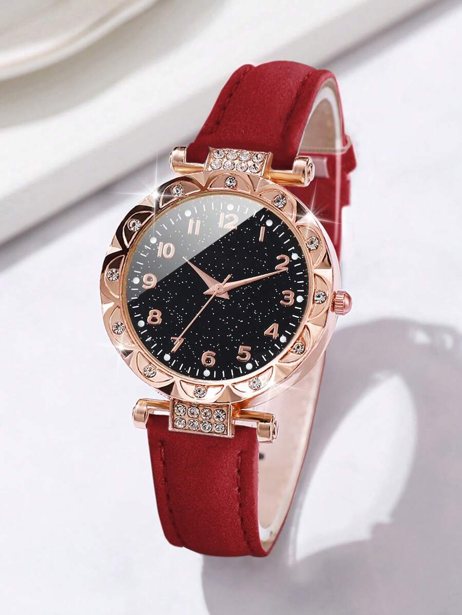 Women Fashionable Rhinestone-Accented Floral Dial Quartz Wristwatch And Heart Tree Leaf Bracelet Set (6pcs/Set) As A Gift For Students Returning To School Valentines