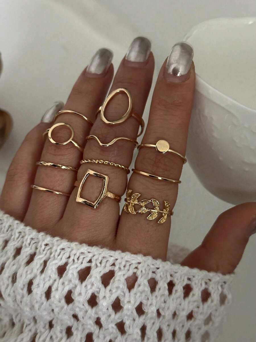 11pcs/Set Geometric Leaf Design Joint Rings Set For Women, Creative Fashion