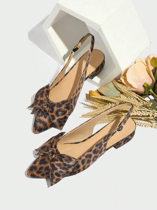 Women's Leopard Print Closed Toe Sandals, Cute Bow Detail, Chunky Heel, Comfortable Back Strap, Versatile For Work, Casual, Party, High Heel Shoes Summer