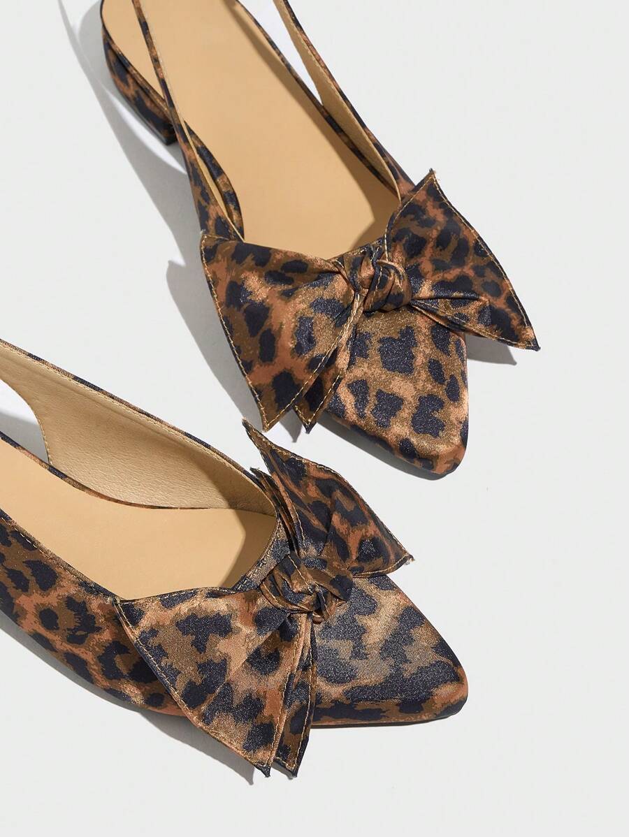 Women's Leopard Print Closed Toe Sandals, Cute Bow Detail, Chunky Heel, Comfortable Back Strap, Versatile For Work, Casual, Party, High Heel Shoes Summer