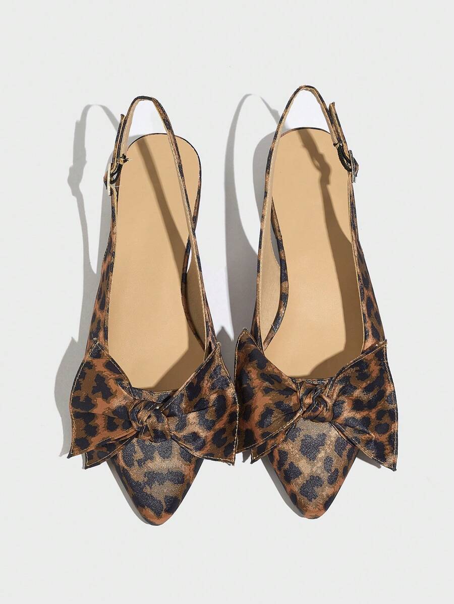 Women's Leopard Print Closed Toe Sandals, Cute Bow Detail, Chunky Heel, Comfortable Back Strap, Versatile For Work, Casual, Party, High Heel Shoes Summer