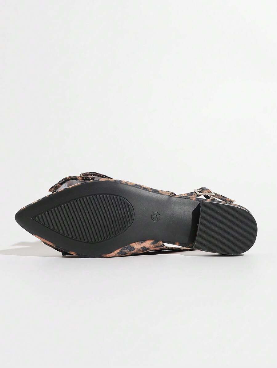 Women's Leopard Print Closed Toe Sandals, Cute Bow Detail, Chunky Heel, Comfortable Back Strap, Versatile For Work, Casual, Party, High Heel Shoes Summer