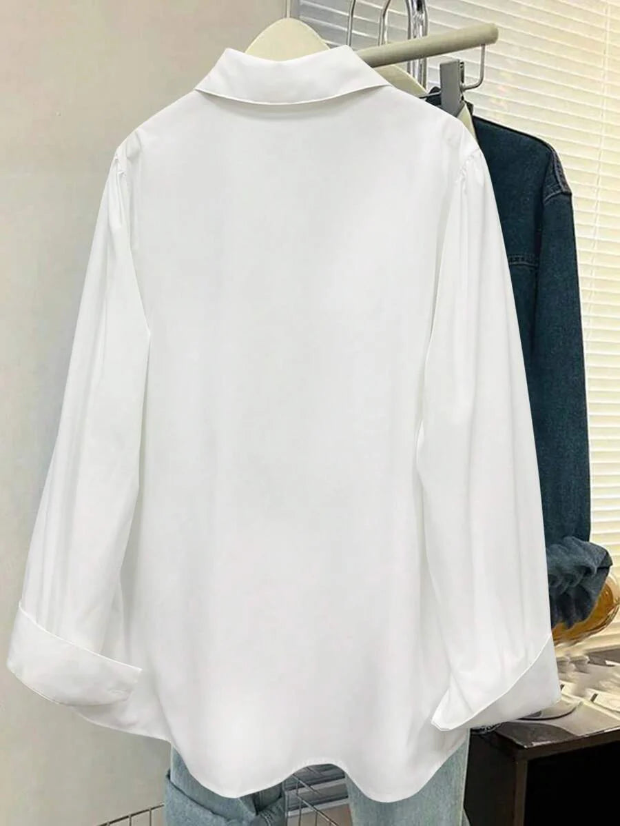 SHEIN LUNE Standard Size Women Plus Size Plain White Crinkle Casual Shirt