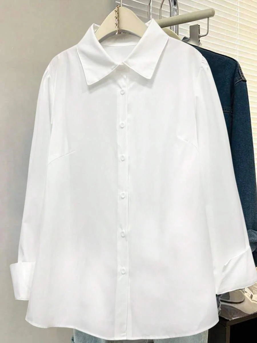 SHEIN LUNE Standard Size Women Plus Size Plain White Crinkle Casual Shirt