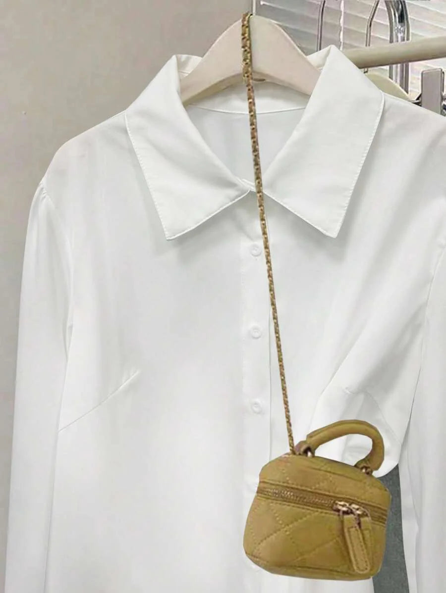 SHEIN LUNE Standard Size Women Plus Size Plain White Crinkle Casual Shirt