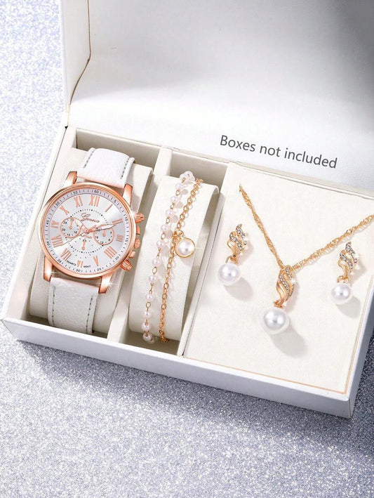 5Pcs/Set Women Watch Elegant Love Dial Quartz Watches With Artificial Pearls Necklace Earrings Bracelet Jewelry Set Mother's Day,Suitable For Daily Wear, Back-To-School Season, Graduation Season, Thanksgiving, Couples, The Best Gifts Watch Box Not Include