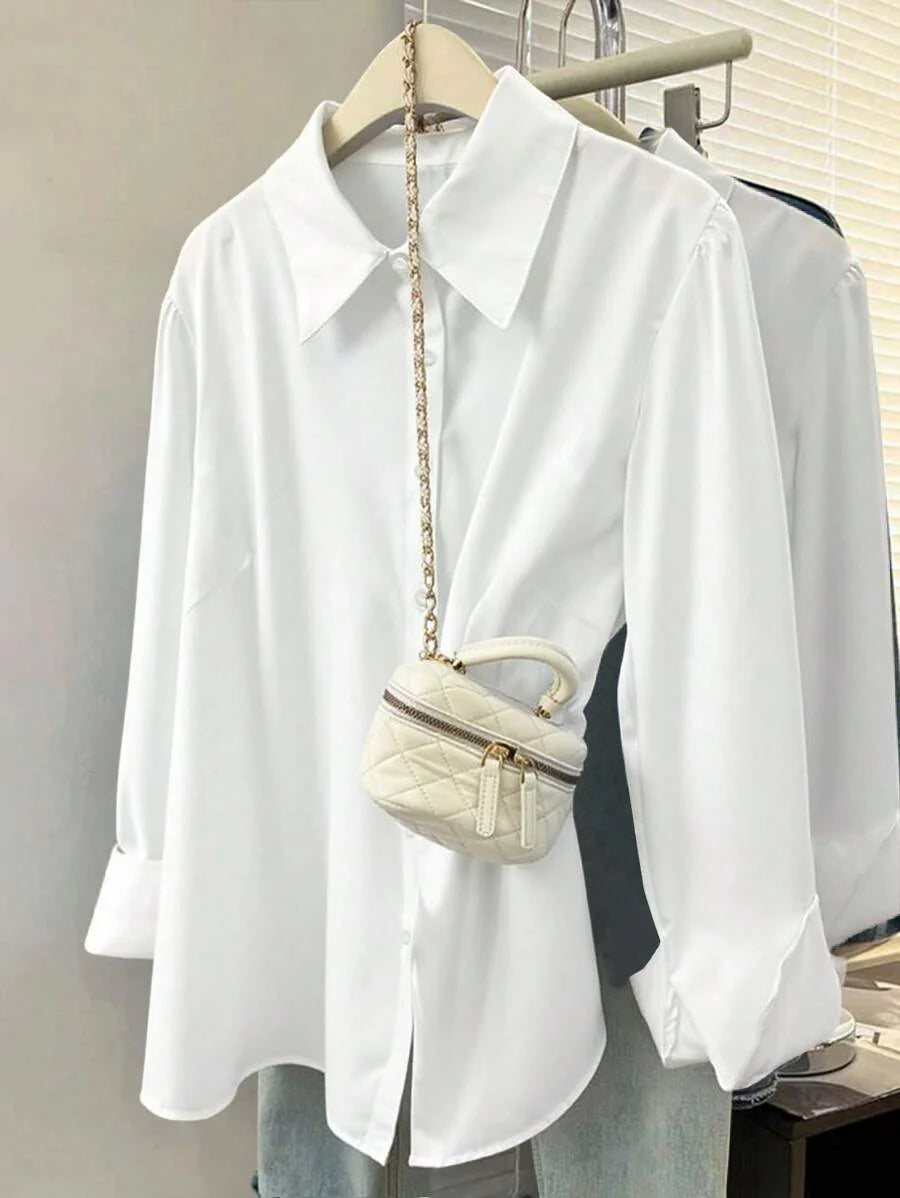 SHEIN LUNE Standard Size Women Plus Size Plain White Crinkle Casual Shirt