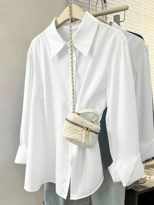 SHEIN LUNE Standard Size Women Plus Size Plain White Crinkle Casual Shirt