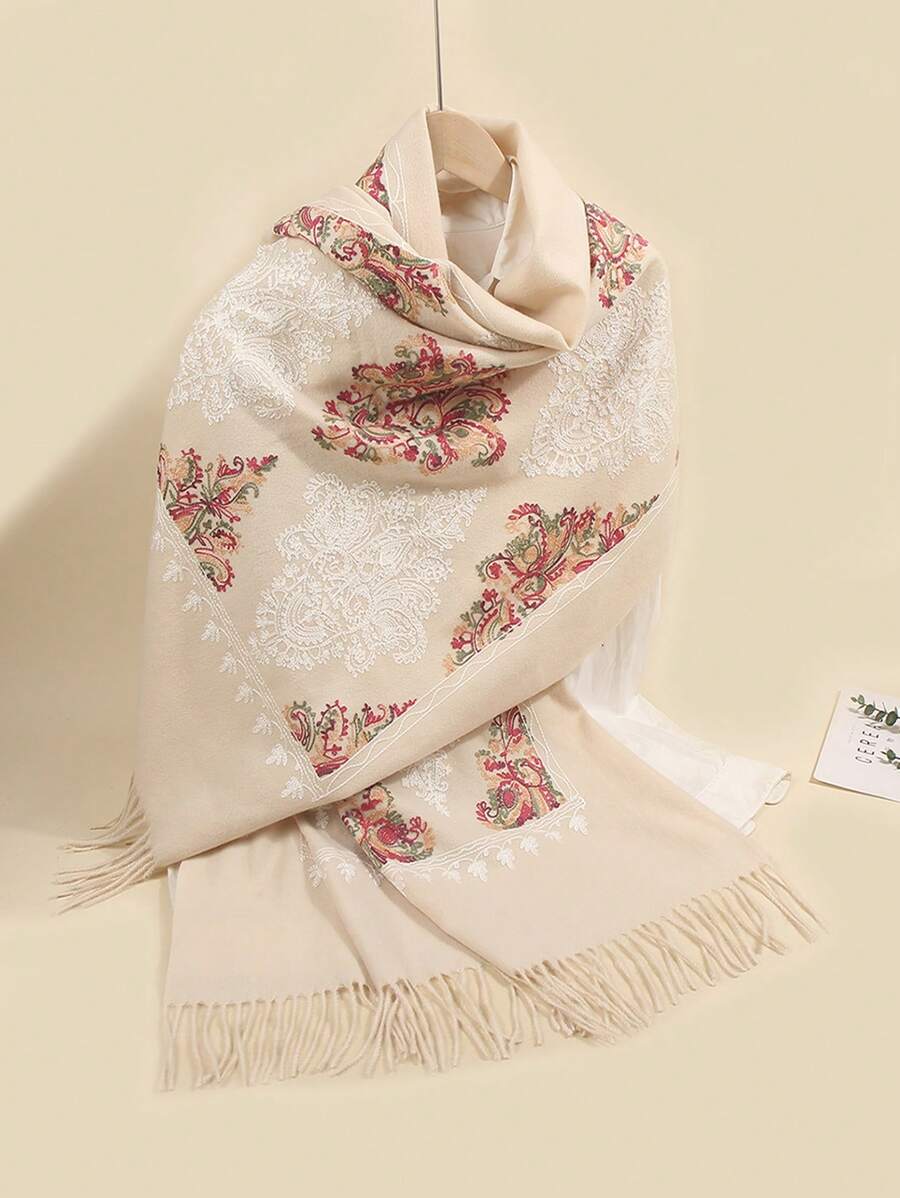 1pc Women Autumn/Winter Faux Cashmere Embroidered Scarf, Thick Warm Tassels Embroidery Bohemian Style Travel Shawl Poncho