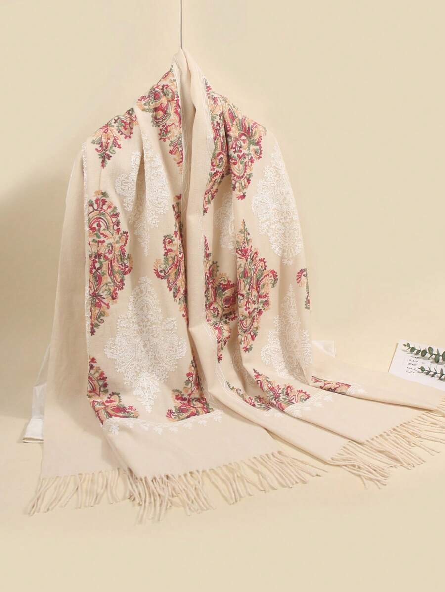 1pc Women Autumn/Winter Faux Cashmere Embroidered Scarf, Thick Warm Tassels Embroidery Bohemian Style Travel Shawl Poncho