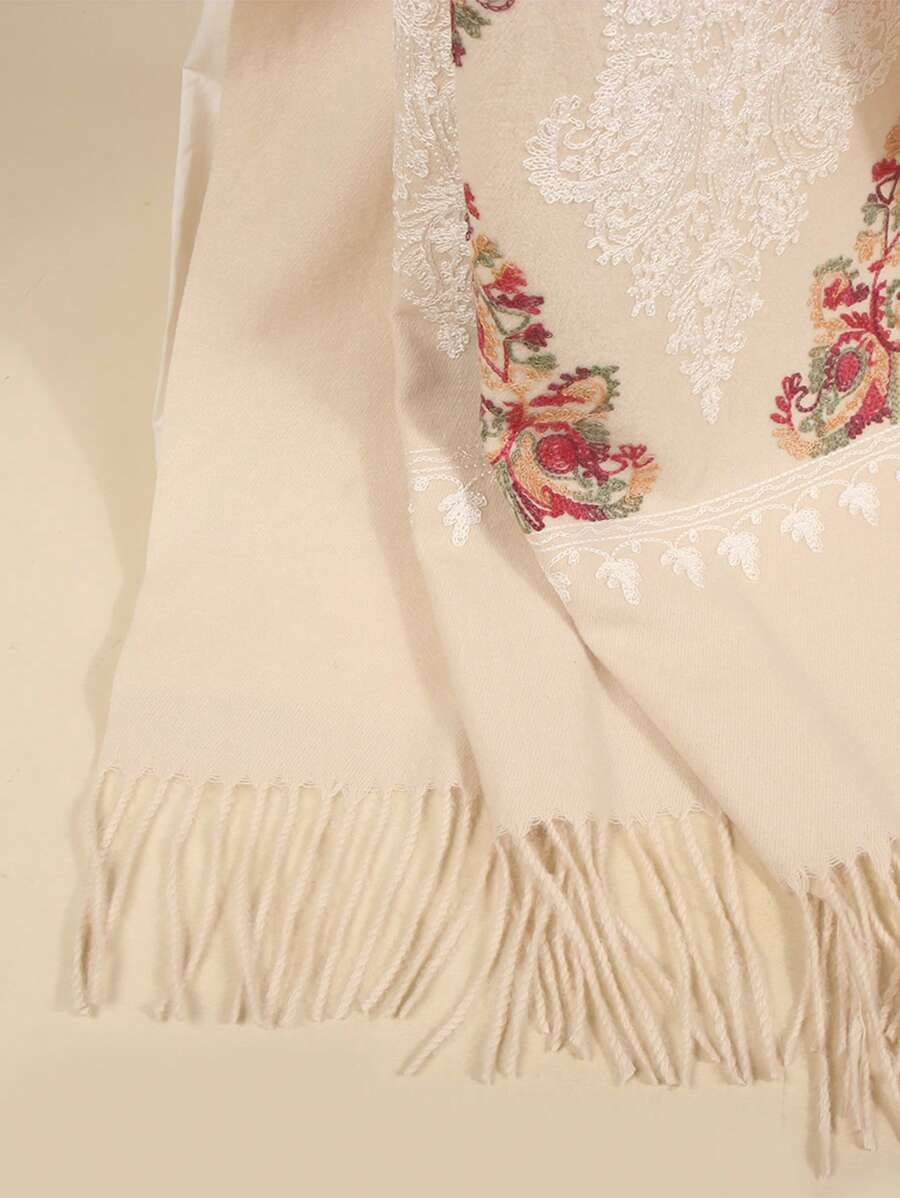 1pc Women Autumn/Winter Faux Cashmere Embroidered Scarf, Thick Warm Tassels Embroidery Bohemian Style Travel Shawl Poncho